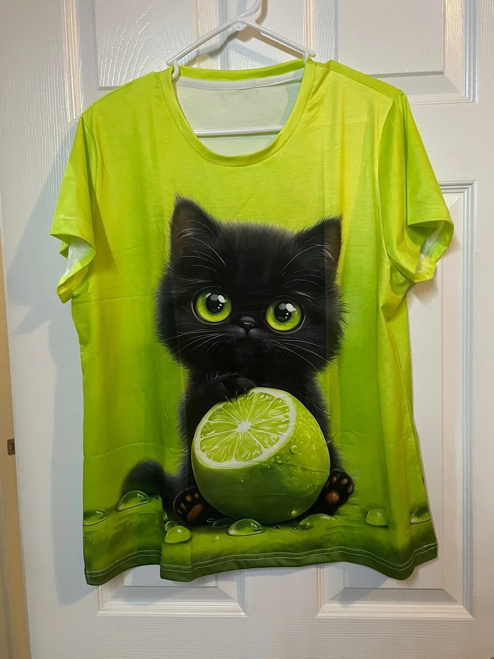Cute Black Kitten Lime Graphic Cat T-Shirt - CUTE CUTE PICTURE IS ON BACK ALSO